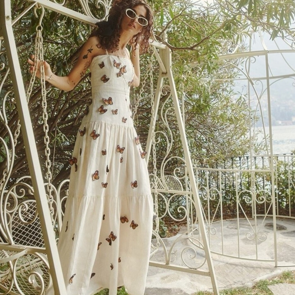 Agua by Agua Bendita White Maxi Dress with Butterfly Accents